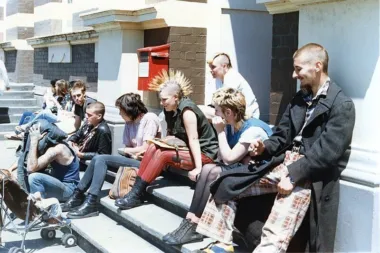 Punk Rockers on the steps of the Post Office Guinness Street Greymouth 1986 CC075