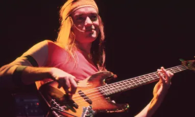 Jaco Pastorius playing an electric bass guitar in 1980